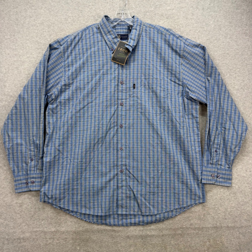 Izod Jeans Shirt Mens XL Blue Plaid Rock Washed Long Sleeve Button Up Oxford NEW